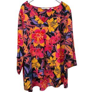 Beautiful by Lawrence Zarian Blouse Plus Size 2X Red Floral V-Neck Womens Top